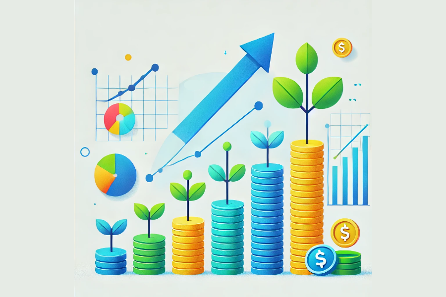Moedas coloridas empilhadas de forma crescente, com uma seta apontando na diagonal para cima.
